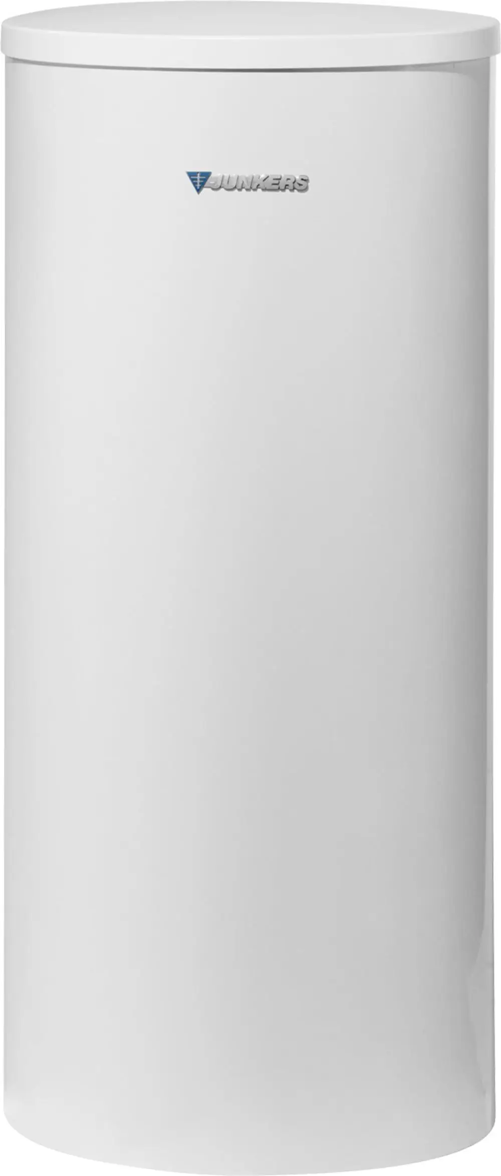 Weißer zylindrischer Warmwasserspeicher von Bosch mit glatter Oberfläche und leicht abgerundetem oberen Rand. Emaillierter Stahlbehälter, stabil und funktional.